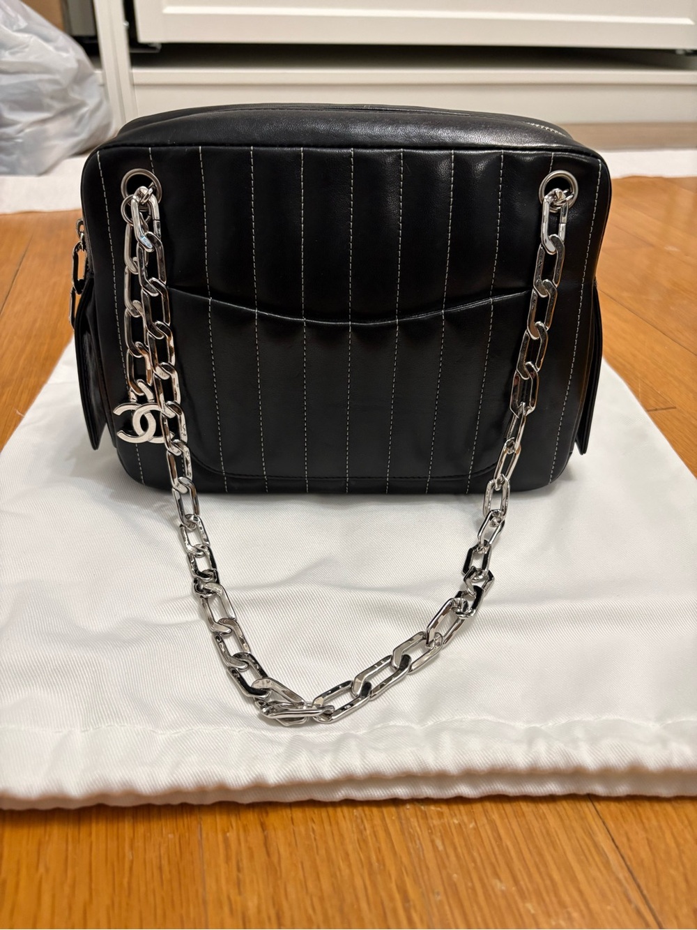 💟Chanel Mademoiselle Vertical Quilted Camera Bag- Black w/ Silver hardware💟